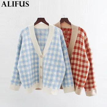 

Fashion Za Women Sweaters 2019 Chic Plaid V-Neck Single Breasted Cardigan Long Sleeve Loose Knitting Warm Ladies Sweaters Female