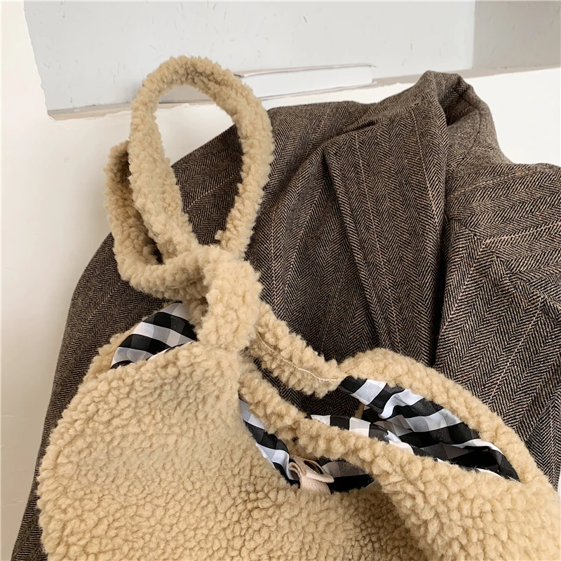 Plush Shoulder Bags For Women Simple Fashion Warm Fabric Large Capacity Shopping Bag Soft Canvas Tote Ladies Cute Bear Handbags