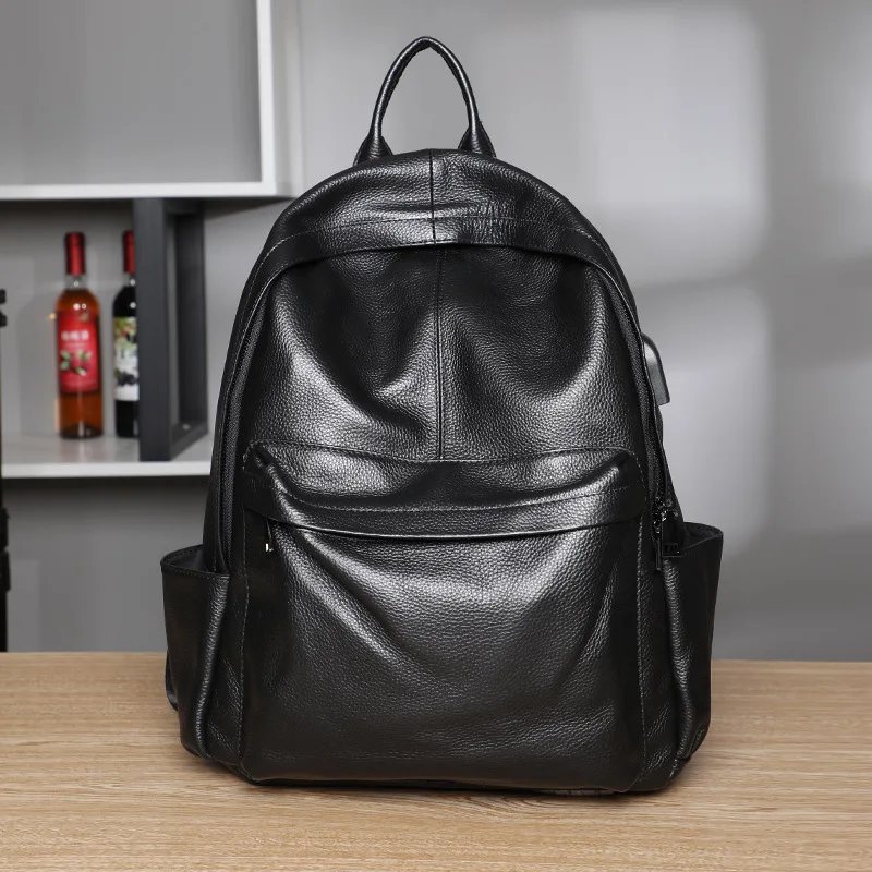 

Leather Backpack Men First Layer Leather Bag Casual Large Capacity Travel Bag Men's Computer School Bag