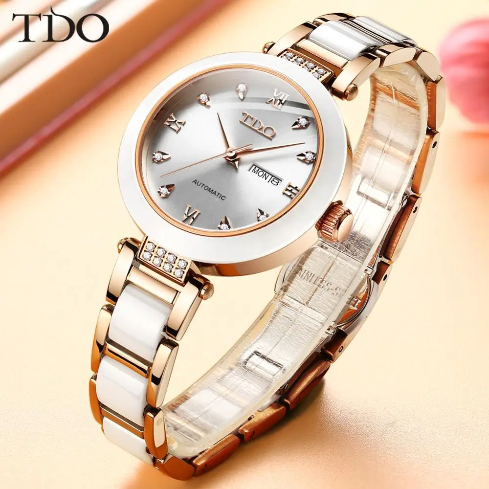 

women's automatic mechanical wristwatch luxury ladies fashion casual trending brand ceramic watchband with double calendar clock