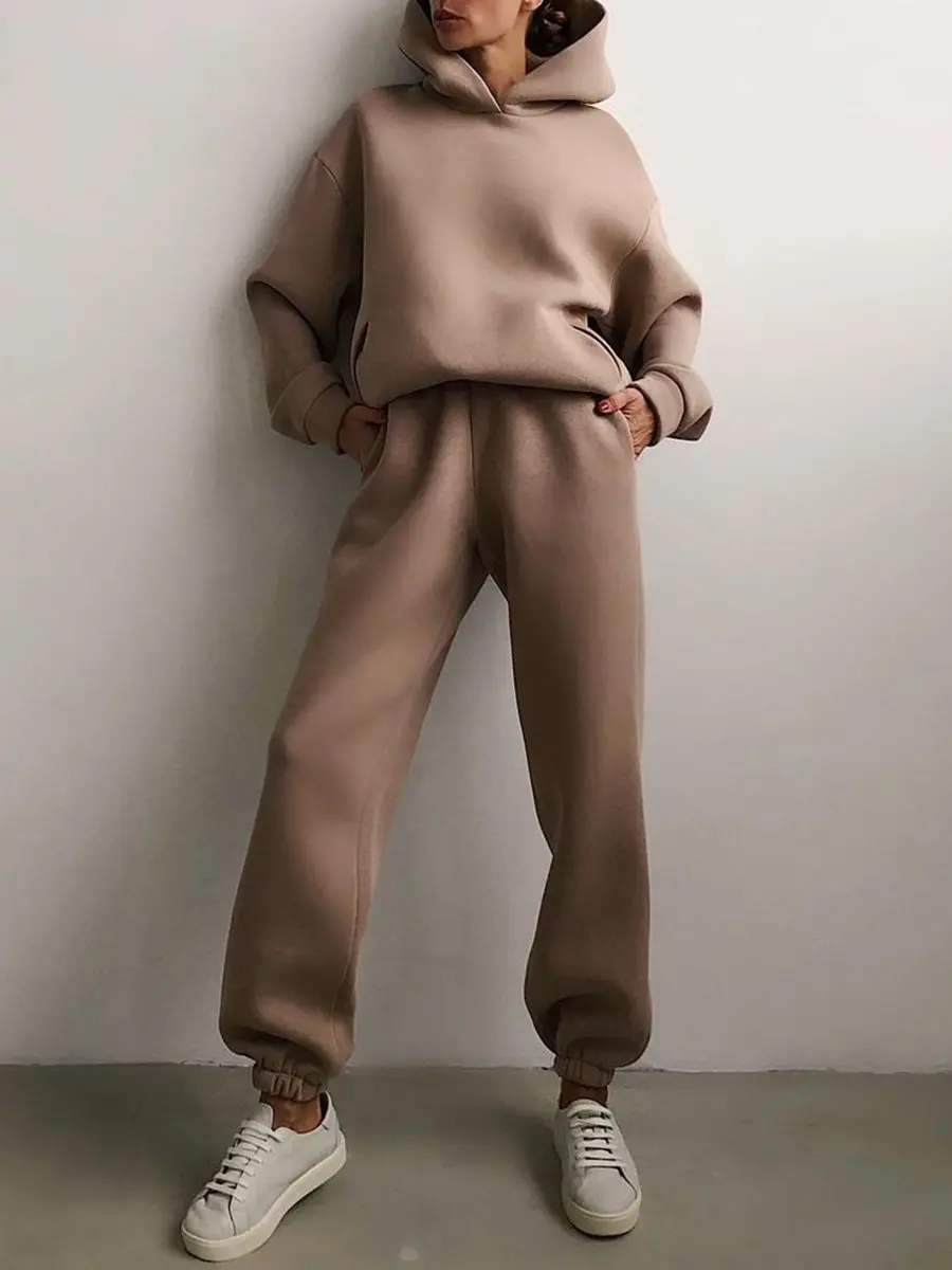 pink pant suit 2021 Autumn Winter Two Piece Set Women Casual Fleece Warm Solid Oversized Hooded Tracksuit Female Long Sleeve Sport Hoodie Suit ladies pant suits