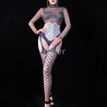 Блестящие черные, серебряные стразы, бандажный комбинезон, Женское боди для певицы, сценический наряд, танцевальная одежда для выпускного, одежда для сцены