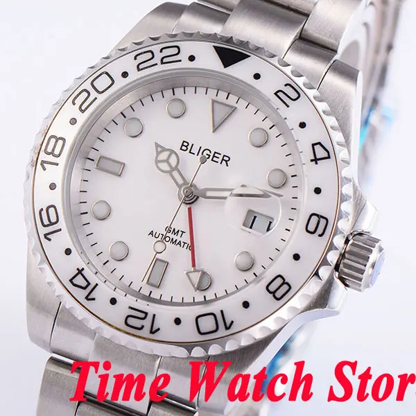 Bliger 40mm GMT mechanical Automatic watch men waterproof steel bracelet white dial luminous saphire glass Ceramic Bezel 191