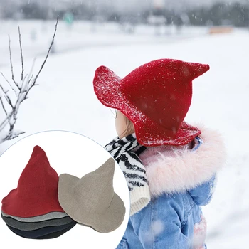 

1pc Halloween Masquerade Witch Hat Solid Color Knitted Wool Sorcerer Hats Women Cosplay Party Costume Halloween Party Supplies