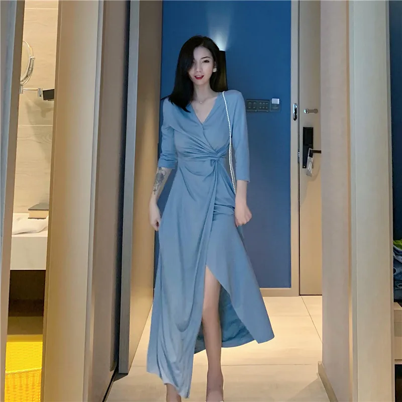 Vestidos mujer осенние женские платья женские вечерние сексуальные с v-образным вырезом трикотажные модные корейские черные однотонные платья с длинными рукавами