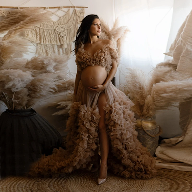 

Extra Puffy 2 Pieces Maternity Dress Ruffle Draped Flares Tulle Photoshoot Bridal Pregnancy Dress Off Shoulder Split Bridal Gown