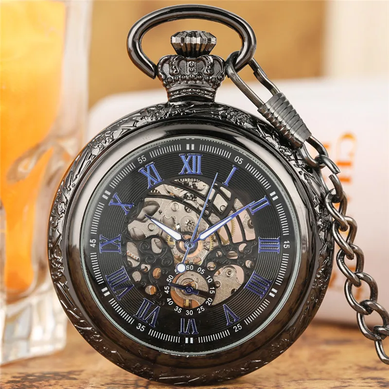 Vintage Roman Numerals Display Men Women Skeleton Mechanical Hand-Winding Pocket Watch Open Face Pendant FOB Clock Chain Reloj