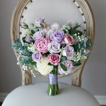 

Retro Light Purple Bridal Bouquets 2020 New Wedding Bridesmaids Decoration Artificial Bride Holding Brooch Bouquet Bride Flowers