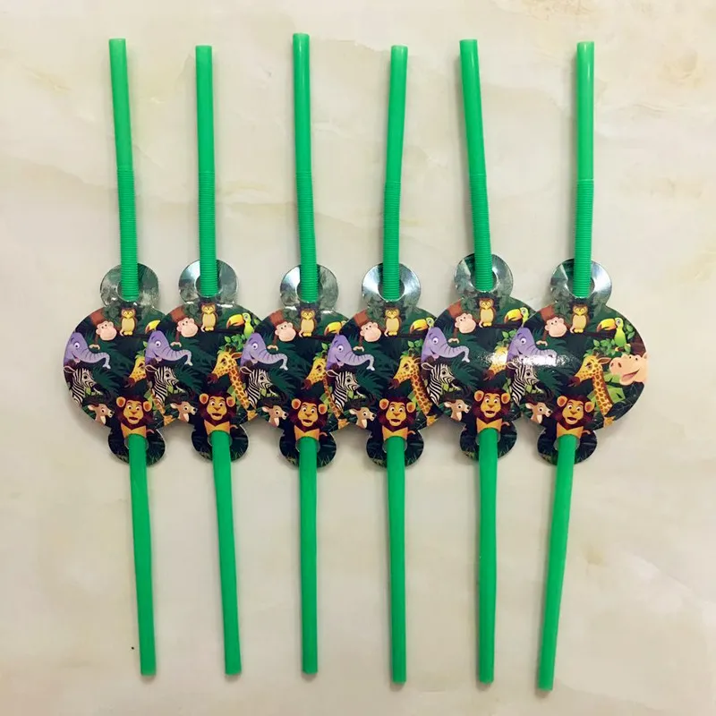 6pcs straws Джунгли животных вечерние обезьяна Лев Слон сафари День Рождения украшения Дети одноразовые посуда торт топперы детский душ - Цвет: 6pcs straws