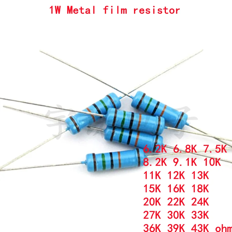 1W Metal film resistor 6.2K 6.8K 7.5K 8.2K 9.1K 10K 11K 12K 13K 15K 16K 18K 20K 22K 24K 27K 30K 33K 36K 39K 43K ohm 20pcs metal film resistor,metal film resistors