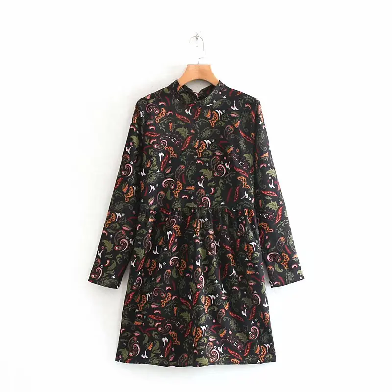 Женское винтажное платье с воротником стойкой и бантом сзади цветочным принтом