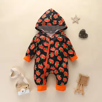 

PatPat 2020 New Arrival Autumn Baby Halloween Pumpkin Allover Hooded Jumpsuit One Pieces Baby Festival Clothes