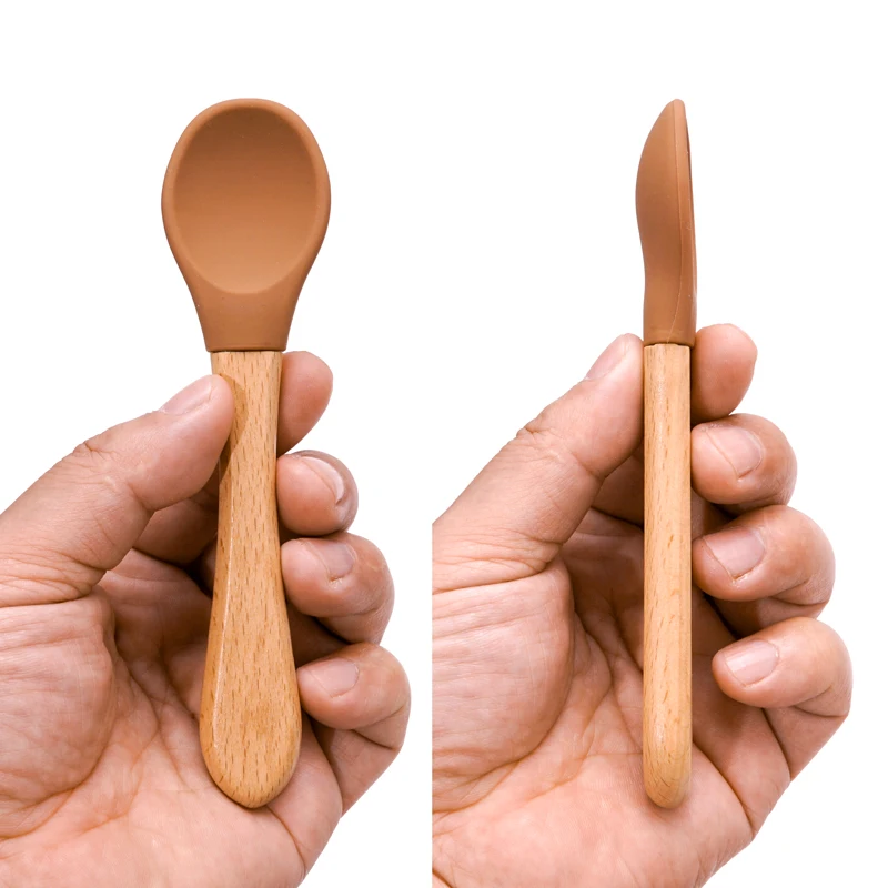 Feeding Wooden Handle Silicone Spoon For Baby Utensils Eat Soild Food Kids Training Manipulative Ability Children's Tableware