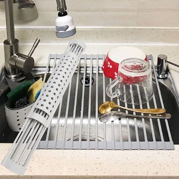 

Multi-Use Roll-Up Dish Drying Rack Rolling Dish Drainer Over Sink Mat Heat Resistant Silicone for Kitchen Foldable