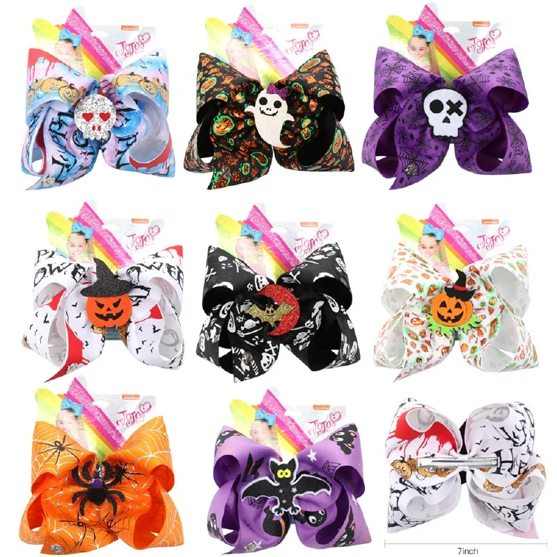 

2019 7" Large Hair Bows for Girls with Clips Halloween Print Bowknot Hairgrips with Funny Spider Party Kids Headwear jojo Bows