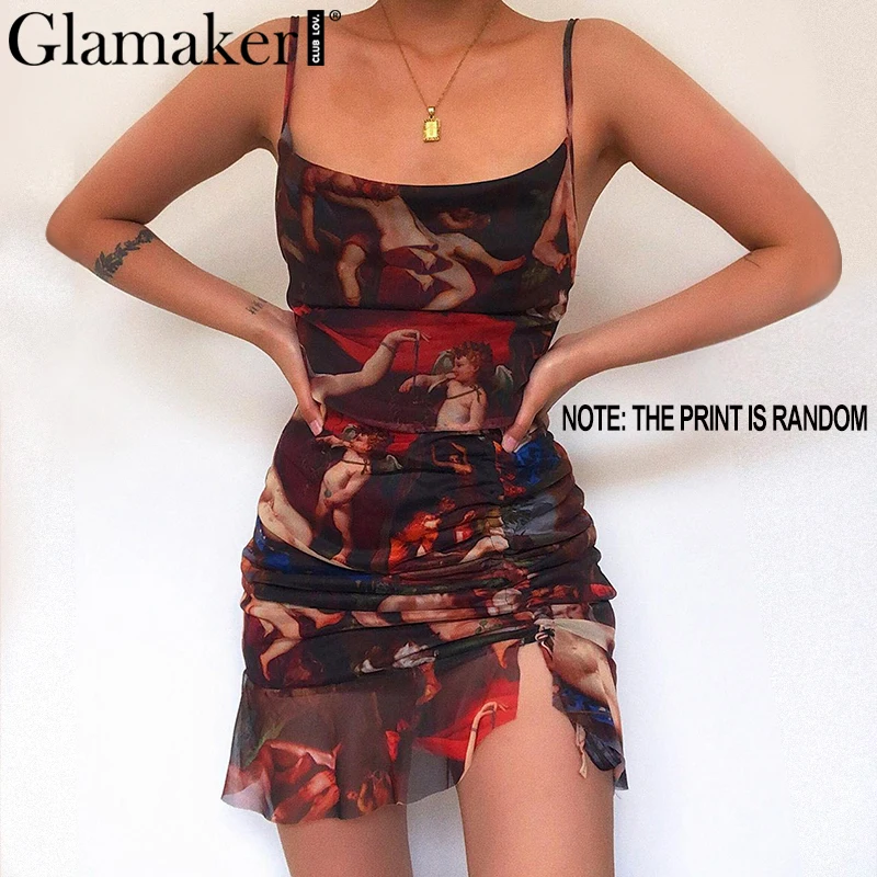 Glamaker Sexy mesh transparent short sundress Women blackless sleeveless elegant dress Angel print shir spring summer beachdress