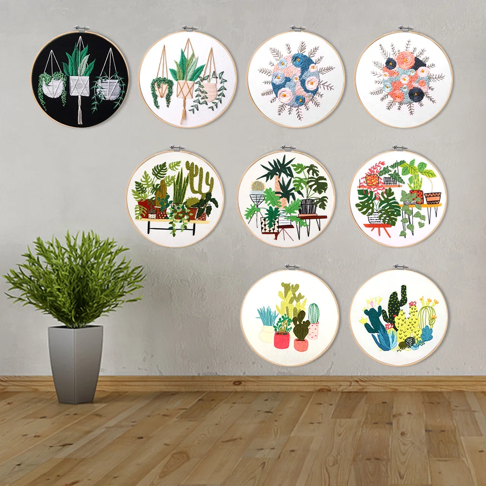 

DIY Stamped Embroidery Starter Kit Ribbon Painting with Flowers Plants Pattern Color Threads Tools Home Decoration Cross Stitch