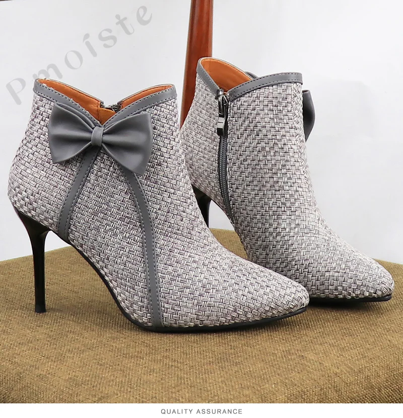 Women Ankle Boots 2021 New Fashion Woven Bow Ladies Shoes Thin High Heels Female Spring Autumn Zipper Blue Black Gray