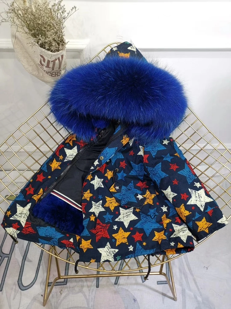 Children Winter Jacket Graffiti Boys Girls Real Fur Coat Thick Warm Rabbit Fur Kids Jacket Coat Furry Natural Fur Collar TZ428