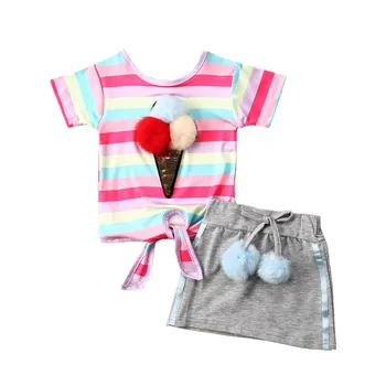 

Girls Clothing Set Summer Short Sleeve Rainbow Striped T-shirts Hairball Shorts Children Sets Fashion Girls Clothes Suit Outfits