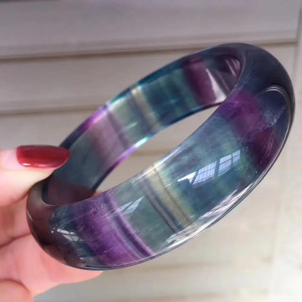 

Natural Colorful Fluorite Bangle 54mm Rainbow Crystal Women Bracelet Round Healing Stone 18x9mm Stretch Rarest Certificate AAAAA