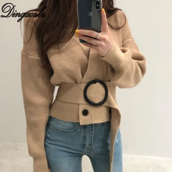

Dingaozlz Autumn Winter Women Sweater Retro knitted Cardigan shirt Short design Long sleeve Lace Up V-neck Sweater coat