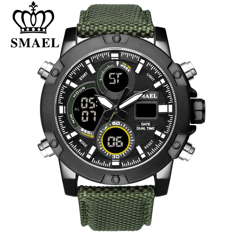 

SMAEL Alloy Dial Watch Analog LCD Digital Display Outdoor Men Sport Quartz Movement Date Stopwatch Back Light Nylon Band Watches