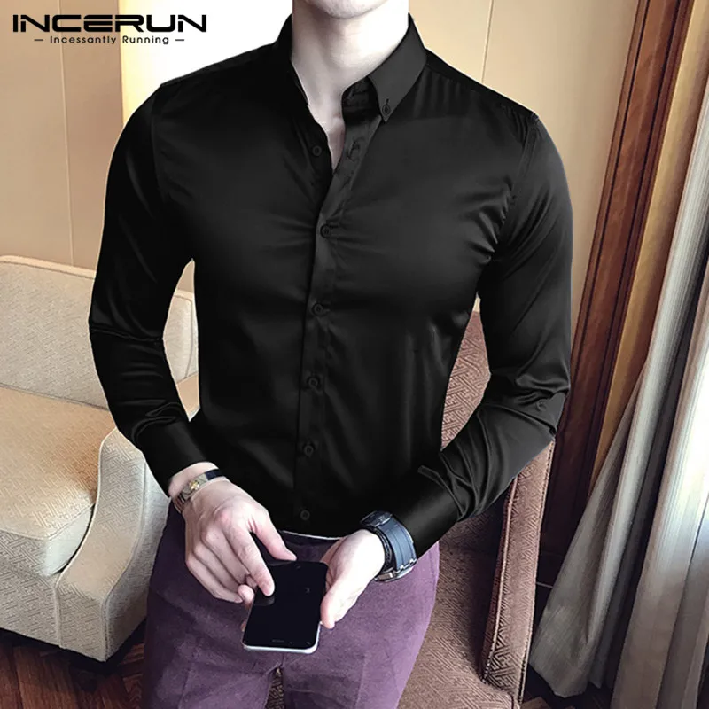 

INCERUN Fashion Men Dress Shirt Brand Silk Satin Lapel Long Sleeve Formal Solid Color Business Shirts Social 2020 Camisas Hombre