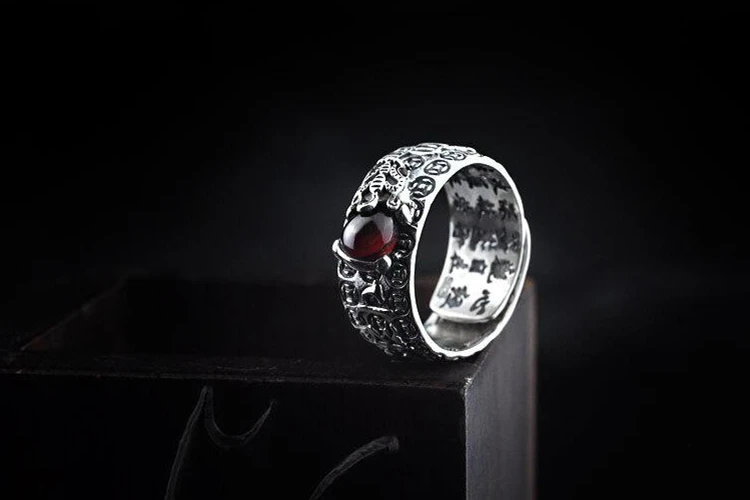 Стерлинговое Серебро 925 пробы, старое серебро, ручная работа, Норковое кольцо в форме сердца, мужское модное индивидуальное Открытое кольцо с гранатовым кольцом, ювелирные изделия
