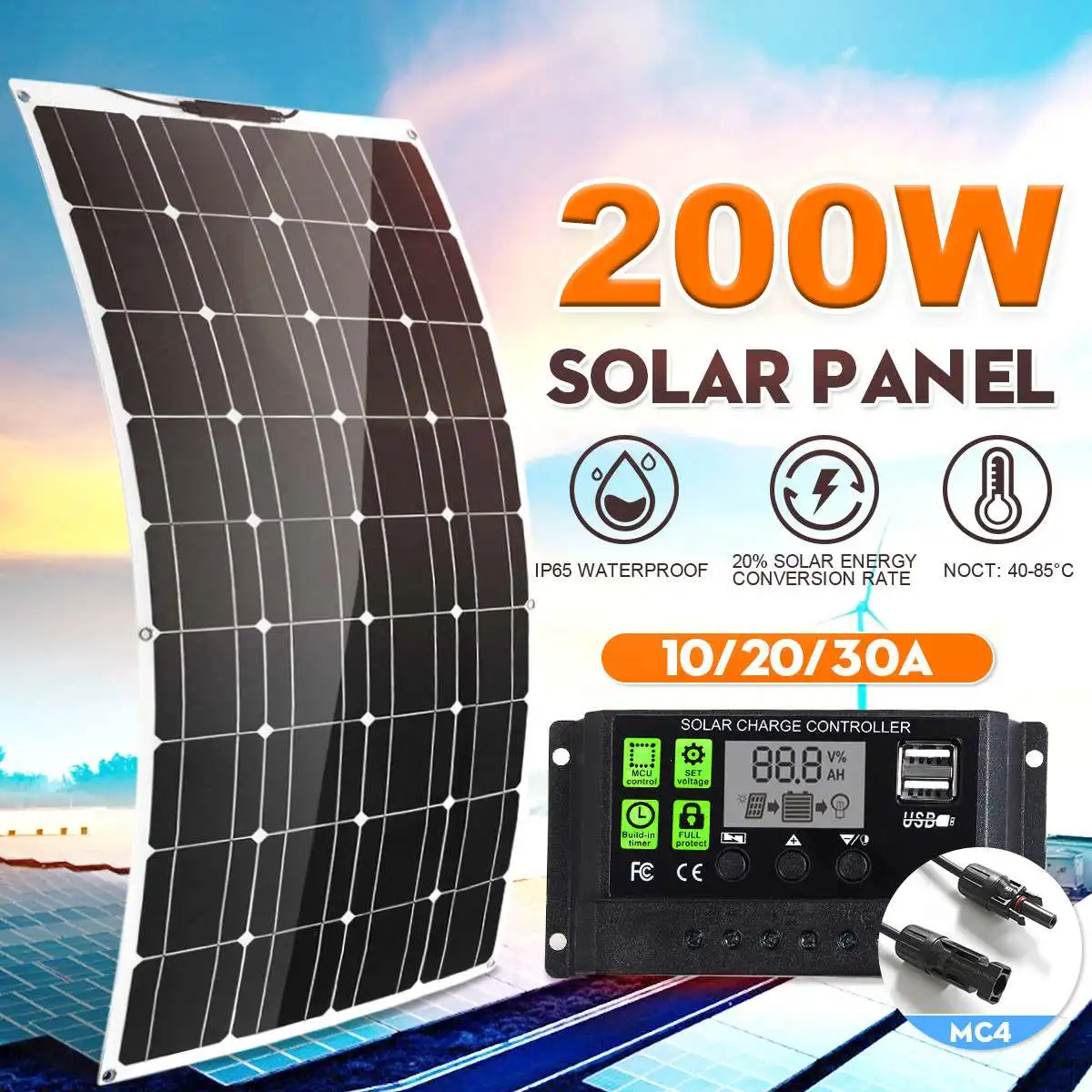 

200W Solar Panel Dual USB Output Flexible MonoCrystalline Silicon Solar Panel 10/20/30A Controller for Car Yacht Battery Charger