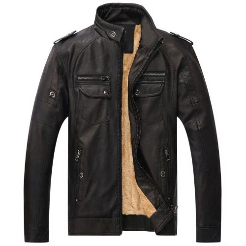 Black Мужские Модные Куртки из искусственной кожи, размеры M-3XL, мужские зимние пальто с воротником-стойкой, мужские теплые куртки с флисовой подкладкой - Цвет: Black