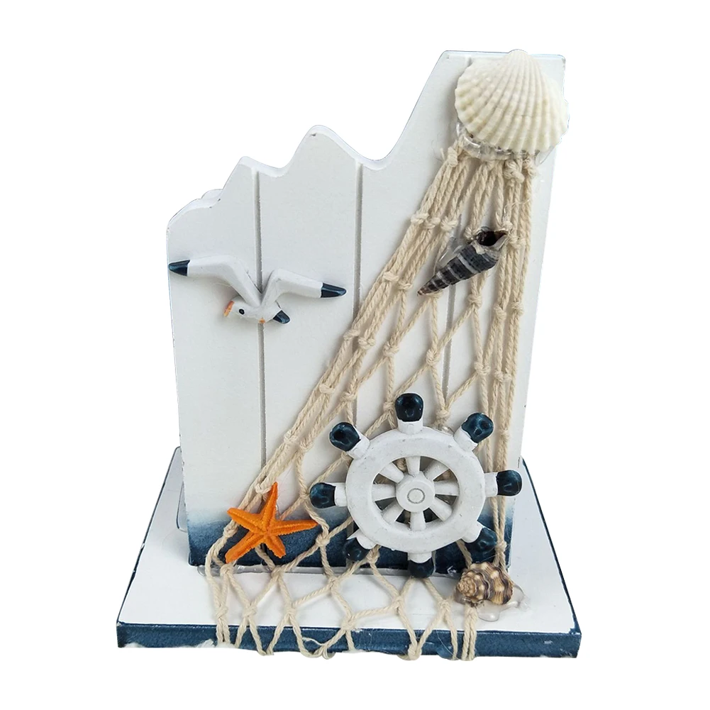 

Wooden Seagull Shell Crafts Mediterranean Style Pen Holder Office Desk Storage Bucket Irregular Fishing Net Home Decorations
