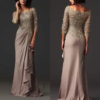 

vestido de madrinha Elegant Boat Neck Chiffon mother of the bride dresses with three quarter sleeve Luxury Lace 2015 beading
