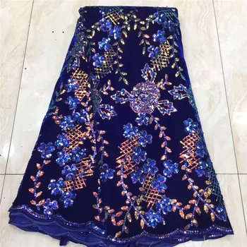 

Latest African Mesh Lace Fabric Royal Blue Sequins French Tulle Lace Fabric Embroiderey Velvet Lace For Nigerian Evening Party