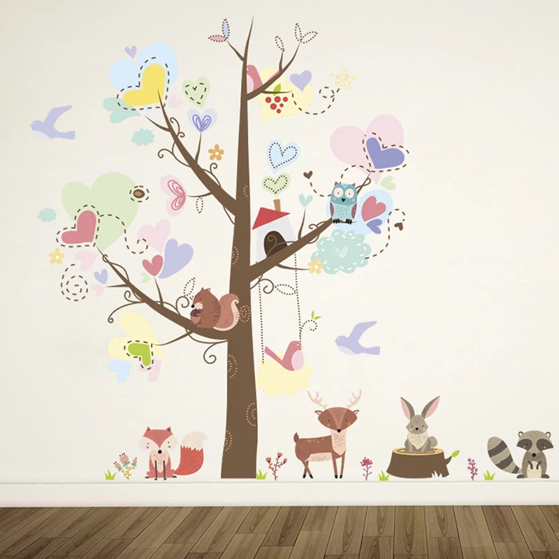 Tree Monkey Squirrel Deer Decorative Wall Stickers For Kids Room Home Decor Cartoon Animals Wall DIY PVC Mural Art Poster Decals