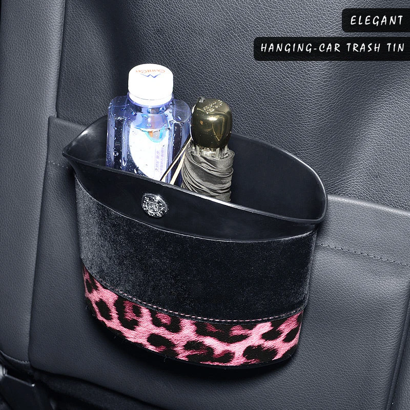 E-FOUR Fashion Car Trash Tin ABS Leather Leopard Print Elegant Car Accessories Rubbish Can Waterproof Umbrella Holder Trash Tins