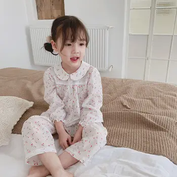 

Girl's baby clothing set printed cherry 2-piece set spring pajamas baby shirt parent-child home clothes