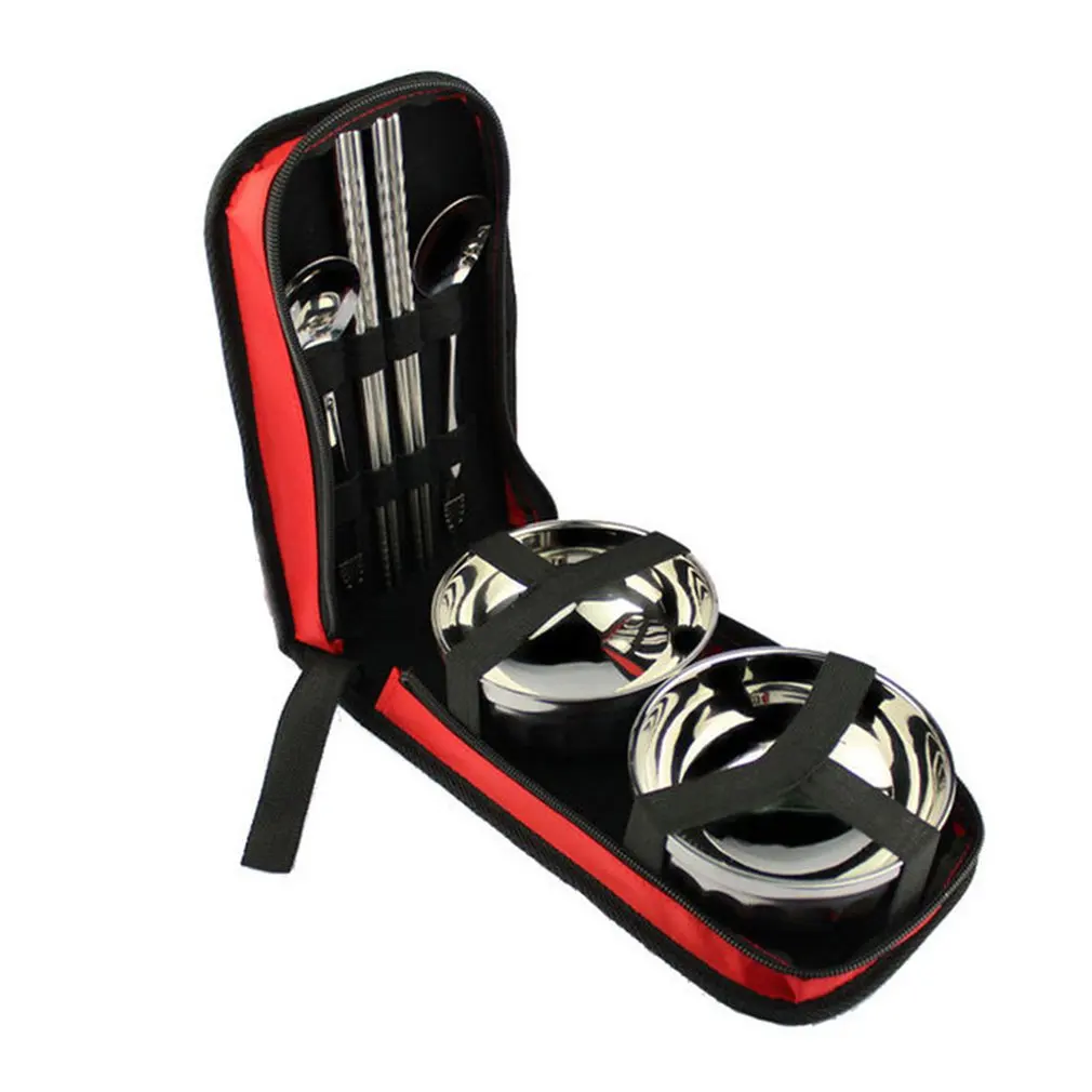 Outdoor Nylon Double Insulation Bag Travel Stainless Steel Folding Picnic Portable Double Insulation Tableware - Цвет: Черный