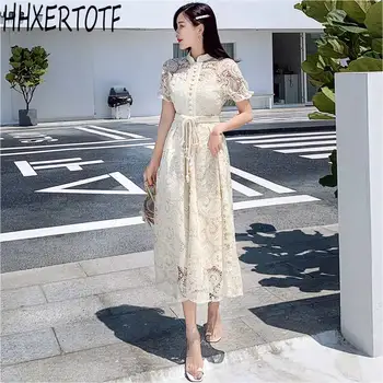 

2020 Summer Women Stand Collar Lantern Sleeve Bandage Dress Crochet Hollow Out Lace Dress Female Sash Belt Dress
