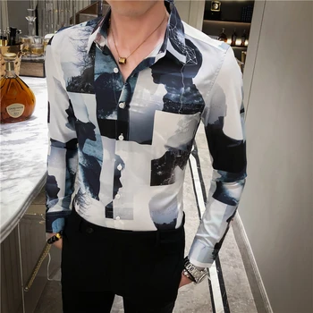 

2020 New Spring Party Prom Shirts Printed Fashion Designer Shirts Camisa Social Masculina Men VIntage Long Sleeve Slim Fit Shirt
