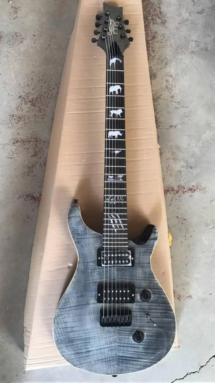 Wholesale Guitar Custom 7 String Electric Guitar With Various Animals Inlays In Charcoal Burst Top Quality Guitar Aliexpress