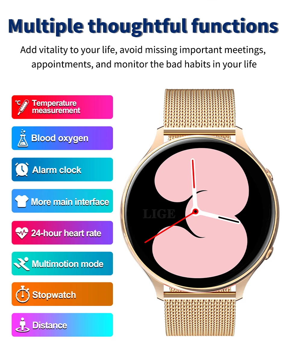 LIGE 2022 Fashion Smart Watch Women Fitness Bracelet Heart Rate Blood Pressure Monitoring Sports Tracker Ladies Smartwatch + Box