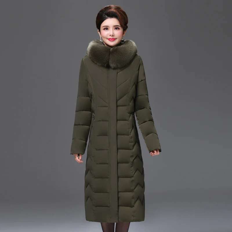 Women Winter Long Down Cotton Jacket Parkas New Ladies Fur Collar Hooded Cotton-padded Coat Female Thicken Outerwear PP144 - Цвет: Армейский зеленый