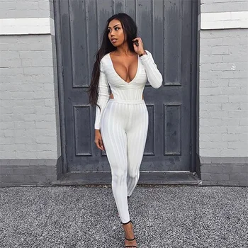 

Elegant Women Bandage Jumpsuits Autumn Winter Long Sleeve V Neck White Jumpsuit Bodycon Nightclub Party Knitted Clothes Backless