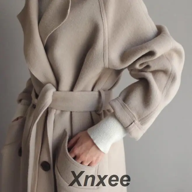 

Xnxee Office Lady Solid Womens Long Coats 2019 Winter Wide-waisted Wool Blend Coat and Jacket Turn-down Collar Ladies Coats