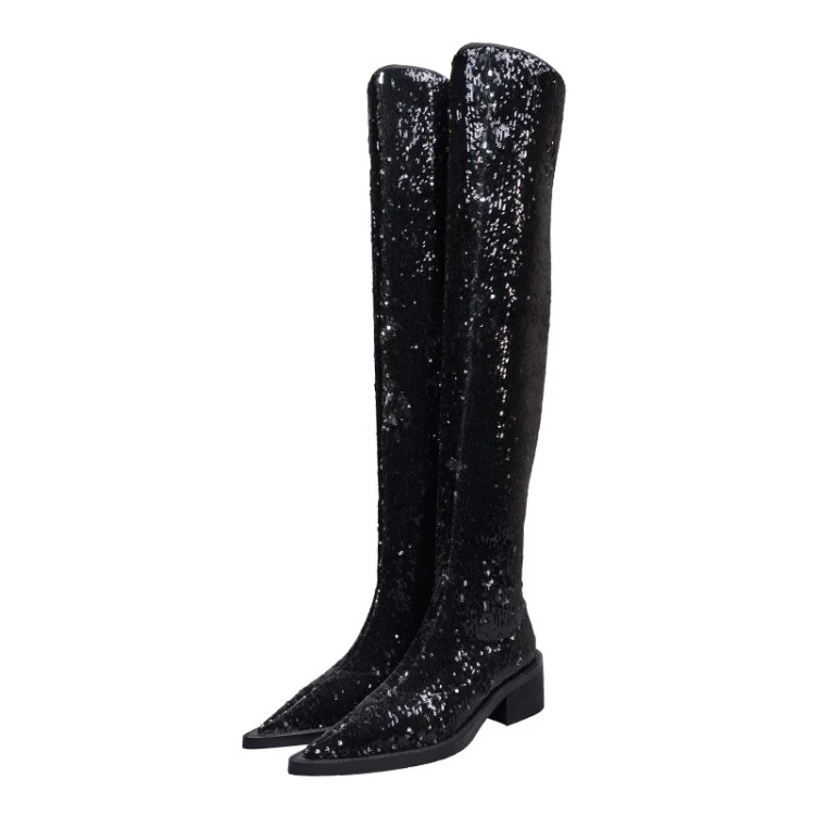 black sparkle thigh high boots