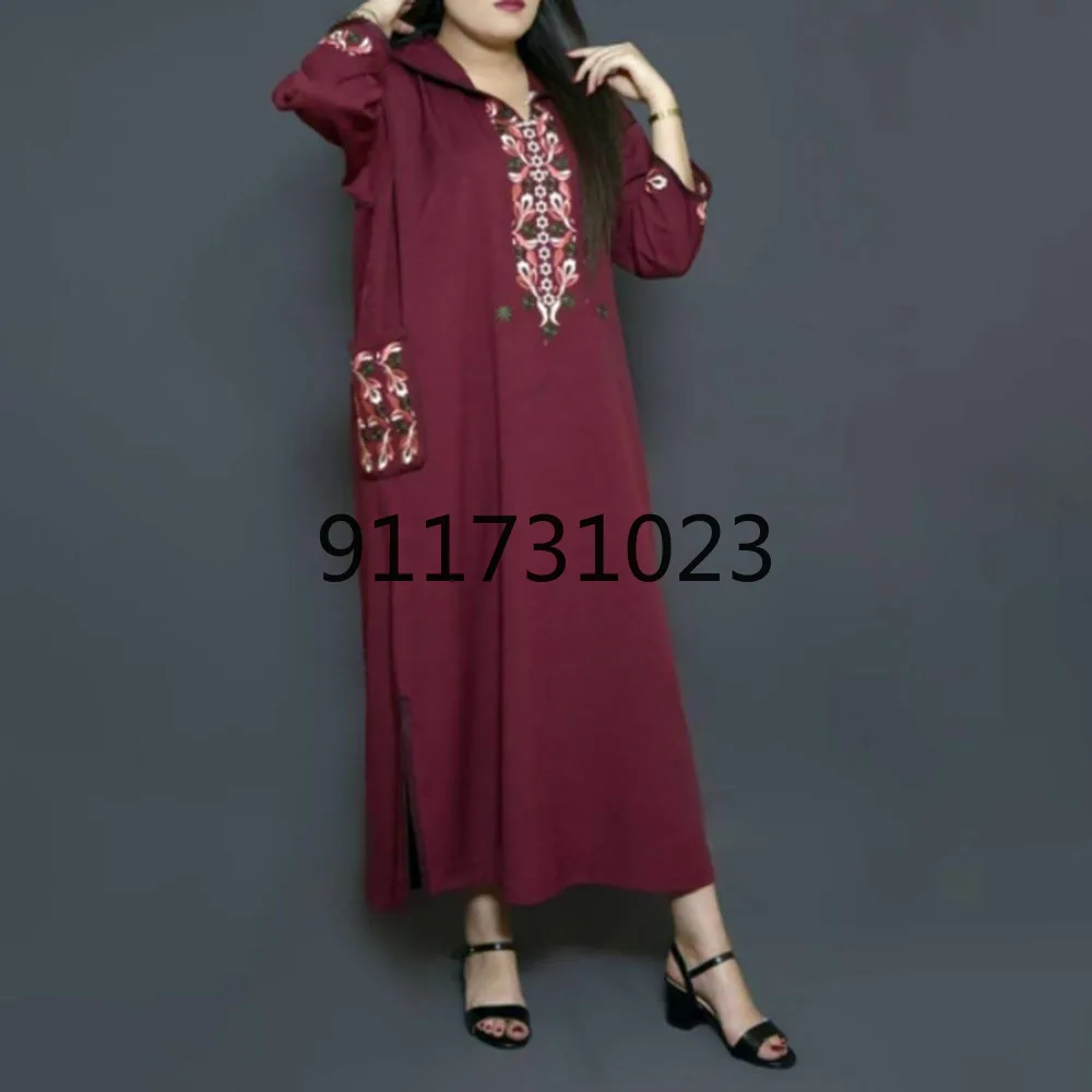 2021 Summer New Fashion Muslim Solid Color Embroidery Simplicity Women's Dress Temperament Loose Casual Long Sleeve | Тематическая