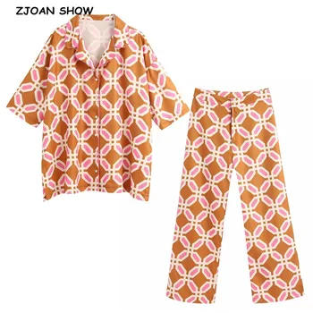 

2020 Summer Orange Geometric Plaid Print Shirt High Waist Wide Leg Pants Women Half Bat Sleeve Blouse Tops 2 Pieces Set