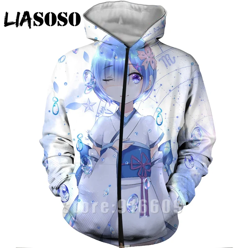 Re Zero Rem, 3D принт, толстовка с капюшоном, для женщин и мужчин, Ram, аниме, толстовки, повседневный дизайн, куртка, Harajuku стиль, пуловер на молнии, худи