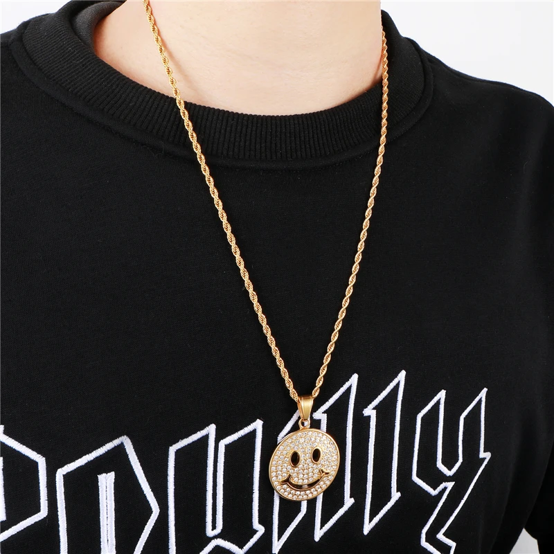 US7 Iced Out улыбающееся лицо кулон и ожерелье 316L из нержавеющей стали, микро проложить горный хрусталь Подвески для женщин мужчин ювелирные изделия
